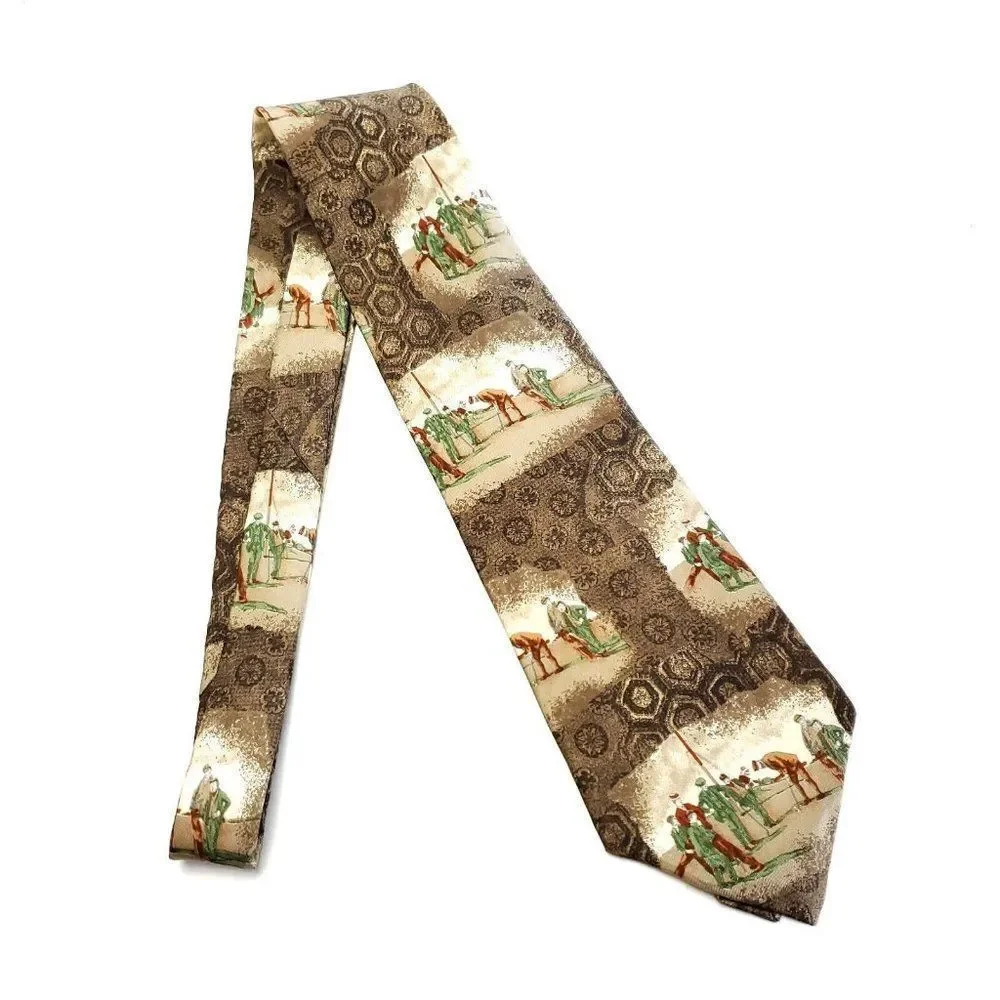Arnold Palmer Brown‎ Beige Gold Print Wide Silk Tie